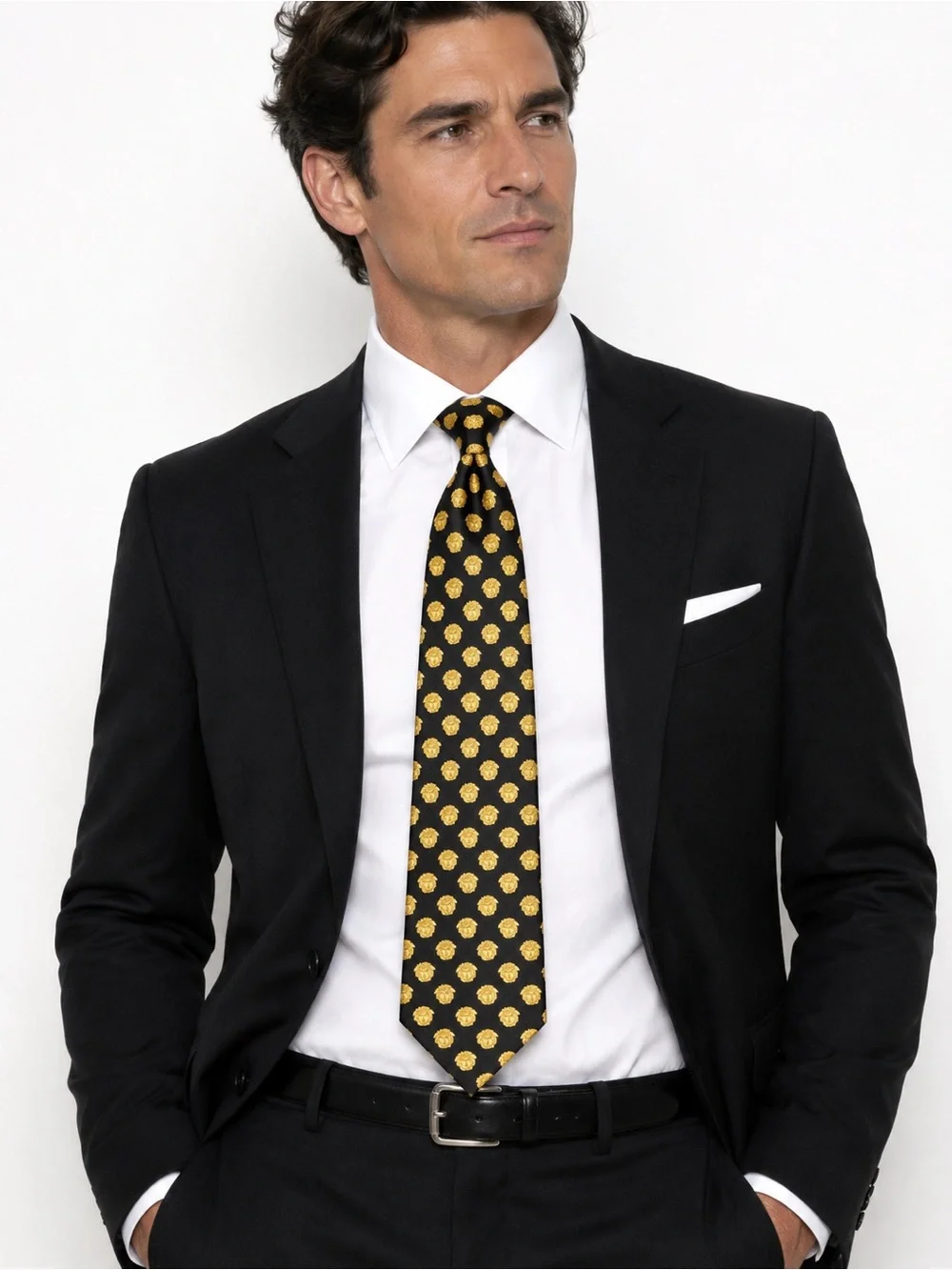 Vintage Gianni Versace 100% Silk Tie Black Gold Medallion Pattern Designer Neckw